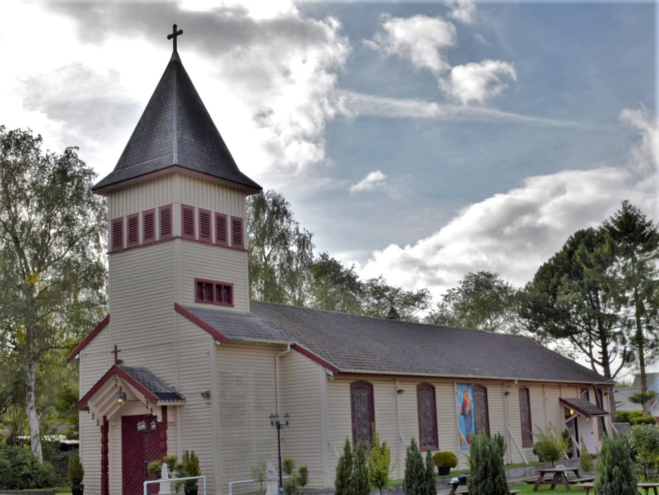 Church exterior side view showing architecture